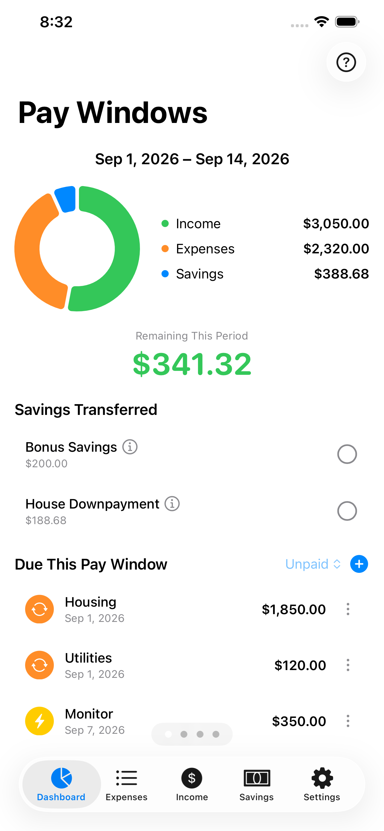 PayWindow dashboard showing the current pay window's income, expenses, and savings