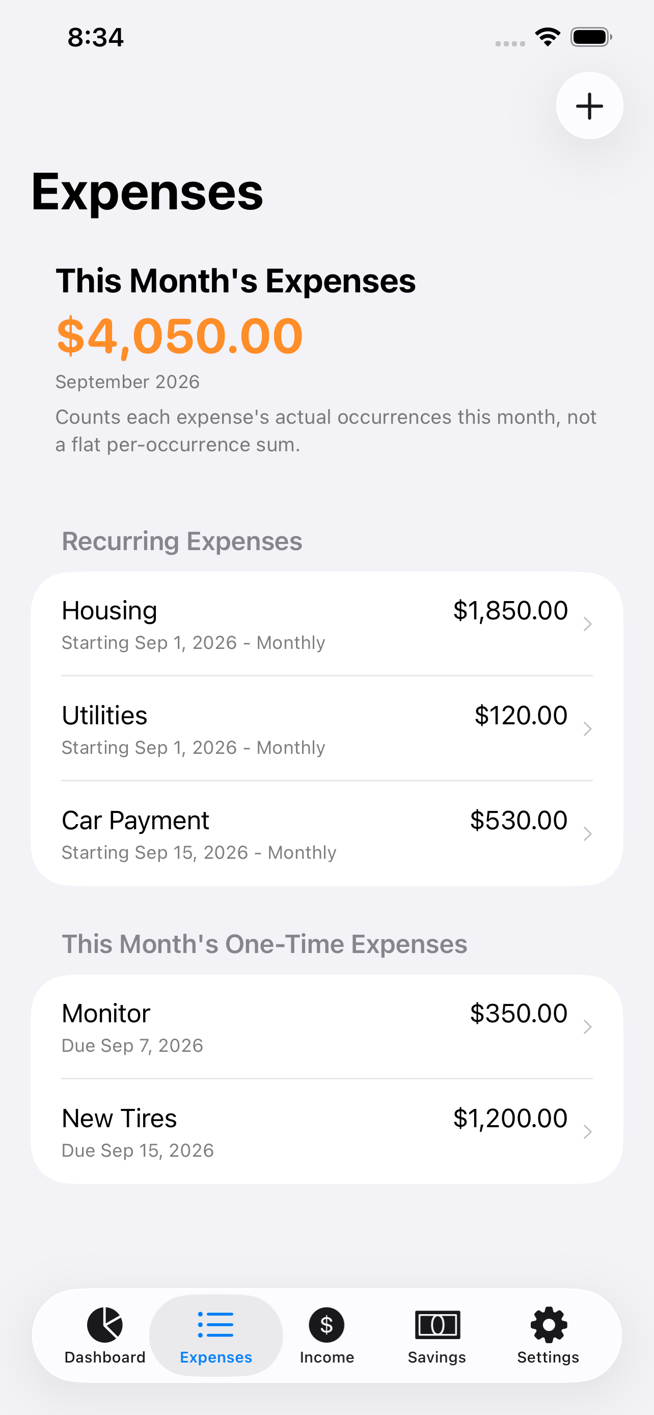 PayWindow expenses tab showing bills with different repeat schedules