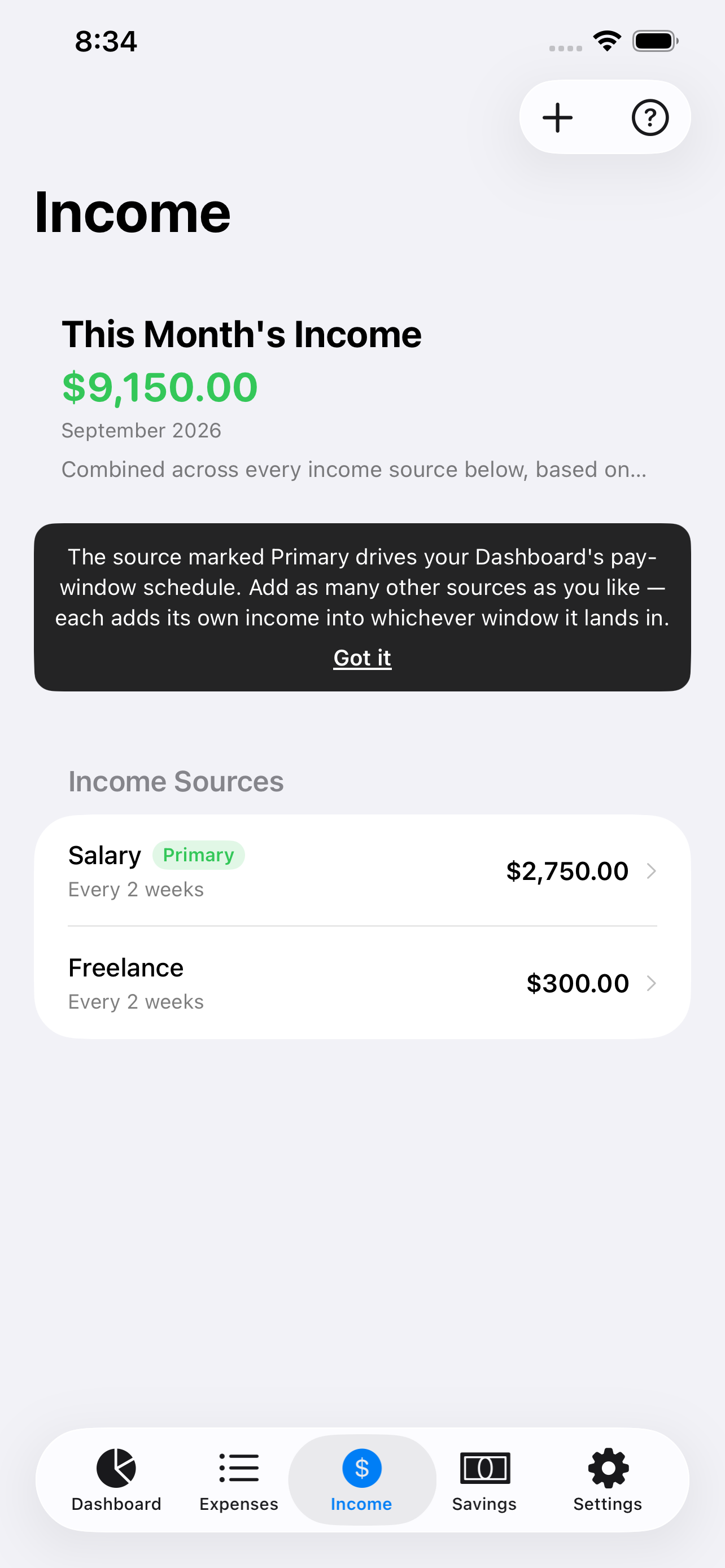 PayWindow income tab showing multiple income sources with one marked Primary