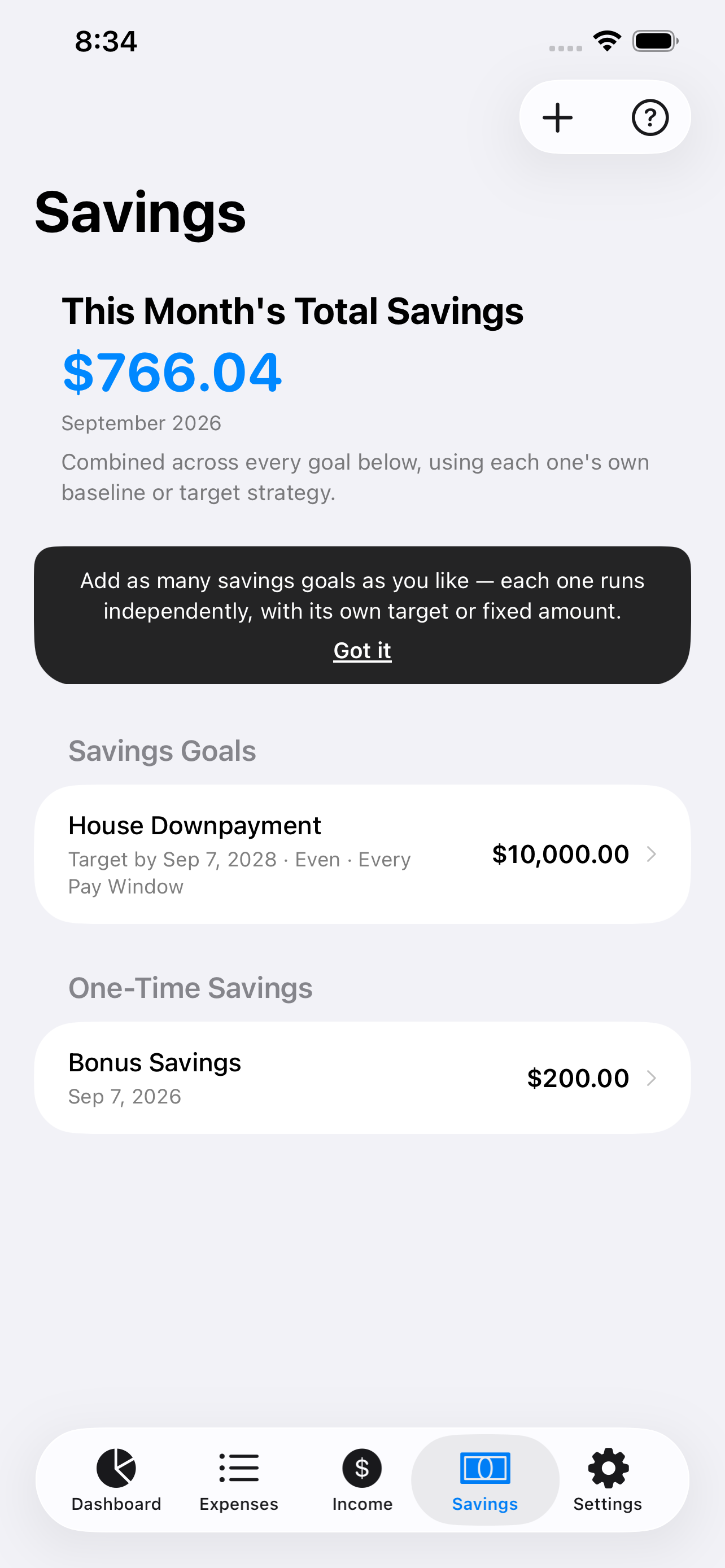 PayWindow savings tab showing multiple parallel savings goals